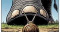 Giant Elephant\'s foot looms over a tiny snail, a dramatic contrast of scale and perspective Royalty Free Stock Photo
