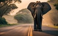 Giant elephant walking on the asphalt road in the street in Africa