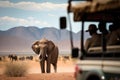 Giant Elephants Wander Across The African Plains Jeeps Carry Passengers Through The Wild Safari. Generative AI