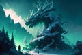 Giant emerald dragon in fantasty winter forest. Generative AI Royalty Free Stock Photo