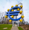 Giant Euro Symbol at Willy Brandt Square in Frankfurt - CITY OF FRANKFURT, GERMANY - MARCH 11, 2021 Royalty Free Stock Photo