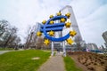 Giant Euro Symbol at Willy Brandt Square in Frankfurt - CITY OF FRANKFURT, GERMANY - MARCH 11, 2021 Royalty Free Stock Photo
