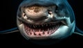 Giant evil cartoon fish with sharp fangs looking furious underwater generated by AI