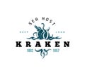 Giant evil kraken logo, silhouette octopus sea monster with tentacles