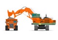 Giant excavator and ridig dump truck in a surface Royalty Free Stock Photo