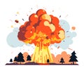 Giant explosion with mushroom cloud in the forest. Catastrophic event, nature vs manmade disaster. Apocalyptic scenario Royalty Free Stock Photo
