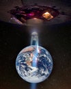 Giant extraterrestrial aliens spaceship fly above the Earth, ufo with blue spotlights in galaxy.