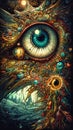 Giant eye, multicolored abstract design, surreal galactic entity created by AI generative technology, amidst infinite space