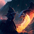 Giant fantasy dragon in night sky spread wings fire breathing