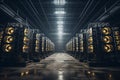 Giant farm of cryptocurrency mining rigs. Generative AI