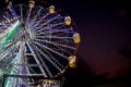 Giant Ferris Wheel with well illuminated cabins and decorated with colorful lights during night Royalty Free Stock Photo