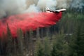 A giant firefighting air tanker plane flying low and releasing a massive deluge of fire retardant chemicals onto the burning Royalty Free Stock Photo