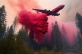 A giant firefighting air tanker plane flying low and releasing a massive deluge of fire retardant chemicals onto the burning