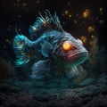 Giant fish monster, grouper deep in ocean, surreal fish. Bioluminiscence, luminous light under water. AI generative art