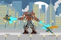 Giant flamethrower robot fighting an african superhero