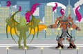 Giant flamethrower robot fighting a cthultu winger reptile tentacles monster in city