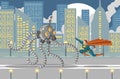 Giant flamethrower robot fighting a superhero