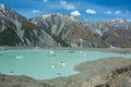 Giant floating icebergs on Tasman Glacier Lake in Aoraki Mount Cook National Park, South Island of New Zealand Royalty Free Stock Photo