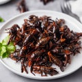 Giant fried bugs beetles close-up, an unusual dish of Asian
