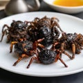 Giant fried spiders close-up, an unusual dish Royalty Free Stock Photo