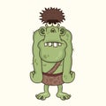 Giant Funny cartoon grumpy ogres. Cute fantasy mythical character. Vector cave dweller. Design for print, emblem, t-shirt, Royalty Free Stock Photo