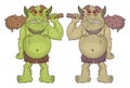 Giant Funny cartoon ogres holds a wooden clubs. Cute fantasy mythical characters. Vector cave dwellers. Design for print, emblem,