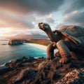 Giant Galapagos tortoise standing majestically on the cliff edge of an island