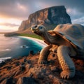 Giant Galapagos tortoise standing majestically on the cliff edge of an island