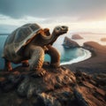 Giant Galapagos tortoise standing majestically on the cliff edge of an island