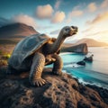 Giant Galapagos tortoise standing majestically on the cliff edge of an island