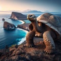 Giant Galapagos tortoise standing majestically on the cliff edge of an island