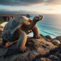 Giant Galapagos tortoise standing majestically on the cliff edge of an island