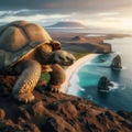 Giant Galapagos tortoise standing majestically on the cliff edge of an island