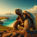 Giant Galapagos tortoise standing majestically on the cliff edge of an island