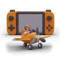 Giant game console, funny retro plane with pilot. Gaming concept Royalty Free Stock Photo