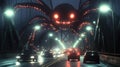 Giant glowing creature terrorizes drivers on urban bridge at night surreal scene sci-fi theme dramatic environment Royalty Free Stock Photo