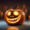 Giant glowing gouged jack-o-lantern pumpkin on a solid background, a Halloween image