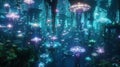 Giant glowing jellyfish illuminate a sprawling city of sea creatures with schools of sparkling fish and cascading