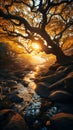 A giant gnarly old tree covered with blue and yellow leaves Royalty Free Stock Photo