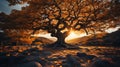 A giant gnarly old tree covered with blue and yellow leaves Royalty Free Stock Photo