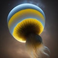 Generative AI: giant gold fantasy jellyfish against a dream sea blue background