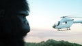 Giant gorilla and helicopter in jungle. Prehistoric animal and monster. Realistic fur. 3d rendering.