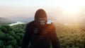 Giant gorilla and helicopter in jungle. Prehistoric animal and monster. Realistic fur. 3d rendering.