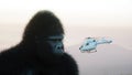 Giant gorilla and helicopter in jungle. Prehistoric animal and monster. Realistic fur. 3d rendering.