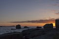 Giant granite stones coastline in sunset in Menaham, Brittany, Royalty Free Stock Photo