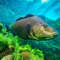 A giant grouper swims in the shallow waters of the Pacific ocean. generative AI