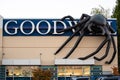Giant halloween spider on top of the Goodwill