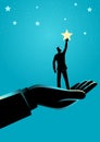 Giant hand helping a businessman to reach out for the stars