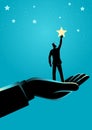 Giant hand helping a businessman to reach out for the stars Royalty Free Stock Photo