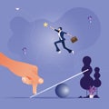 Giant hand helping businesswoman to jump from seesaw to rise the star-Business concept vector